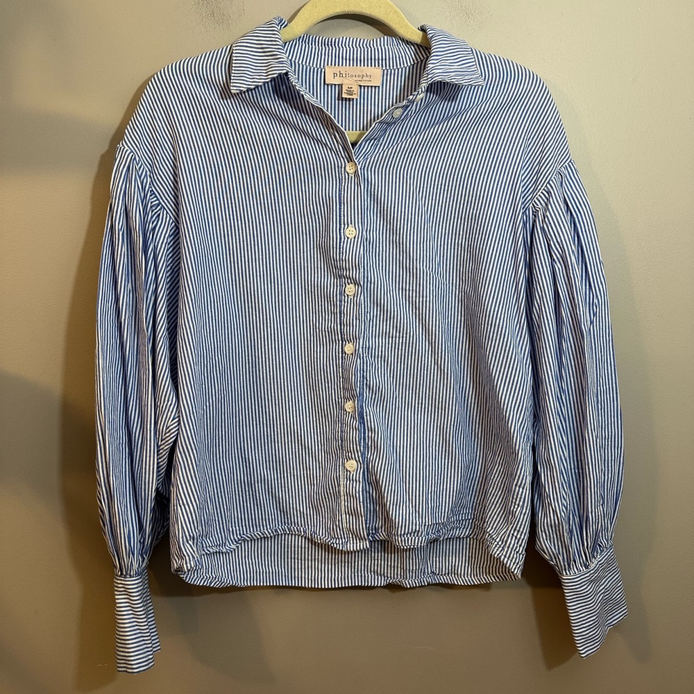 Philosophy brand blue and white striped button-down shirt w/puff sleeves Small - Picture 1 of 8